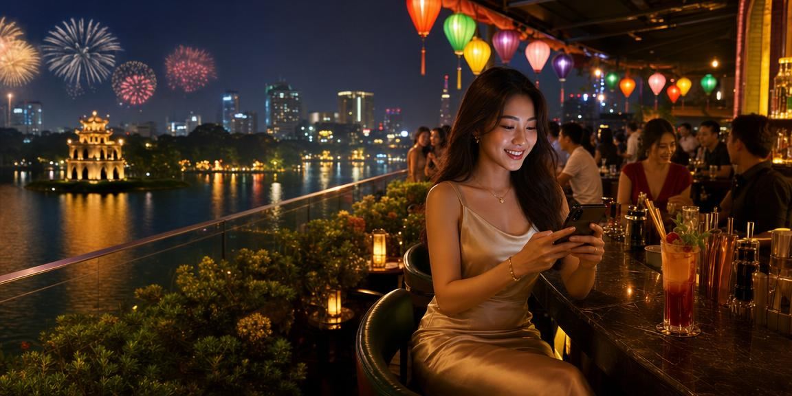 Người dùng Sài Gòn xem bảng kèo bóng đá trên điện thoại giữa lễ hội đèn lồng